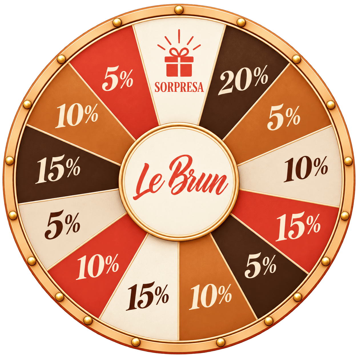 Ruleta Le Brun: 13 segmentos con descuentos del 5%, 10%, 15%, 20% y un premio sorpresa